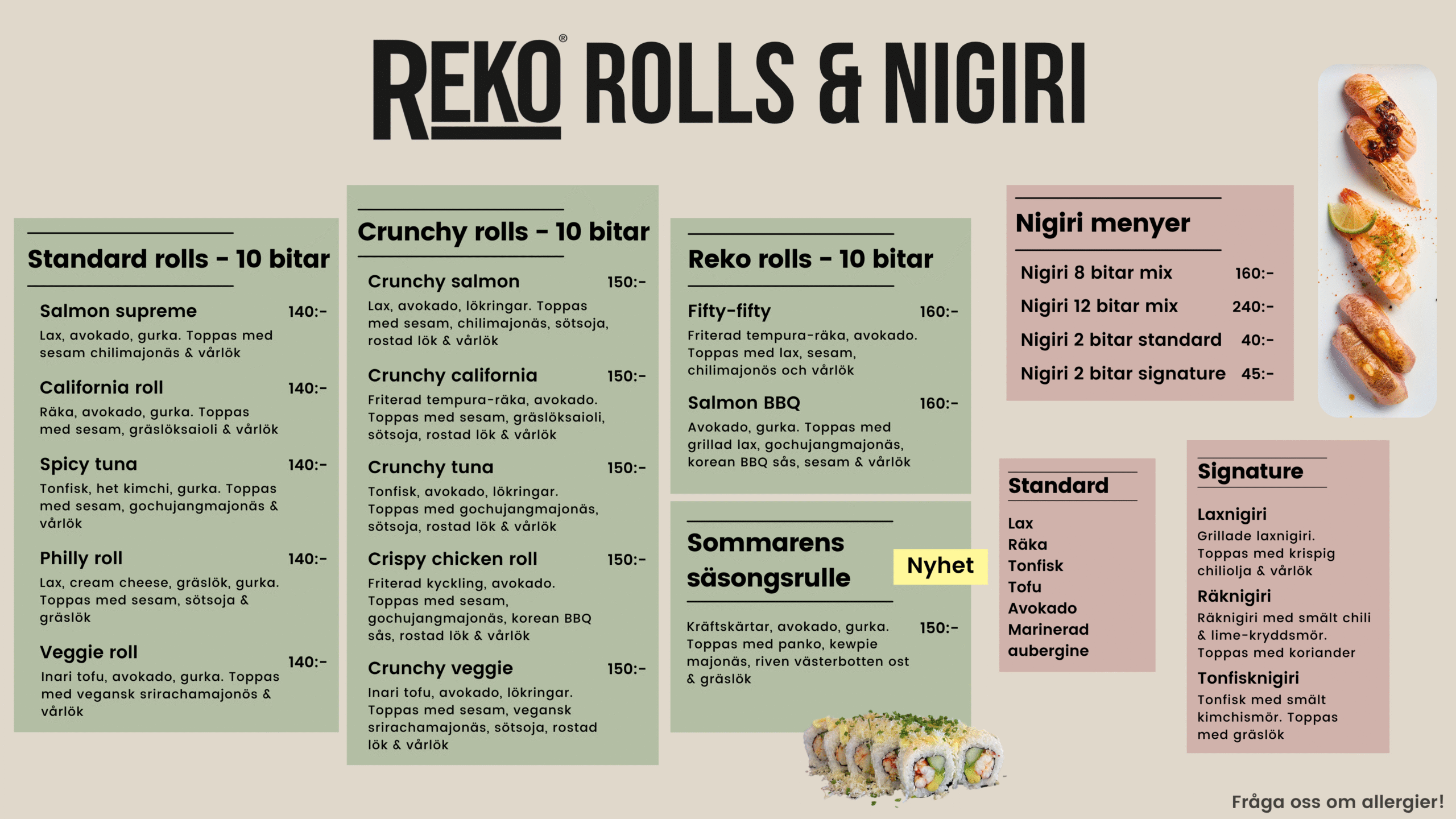 sushi meny nigiri meny reko meny