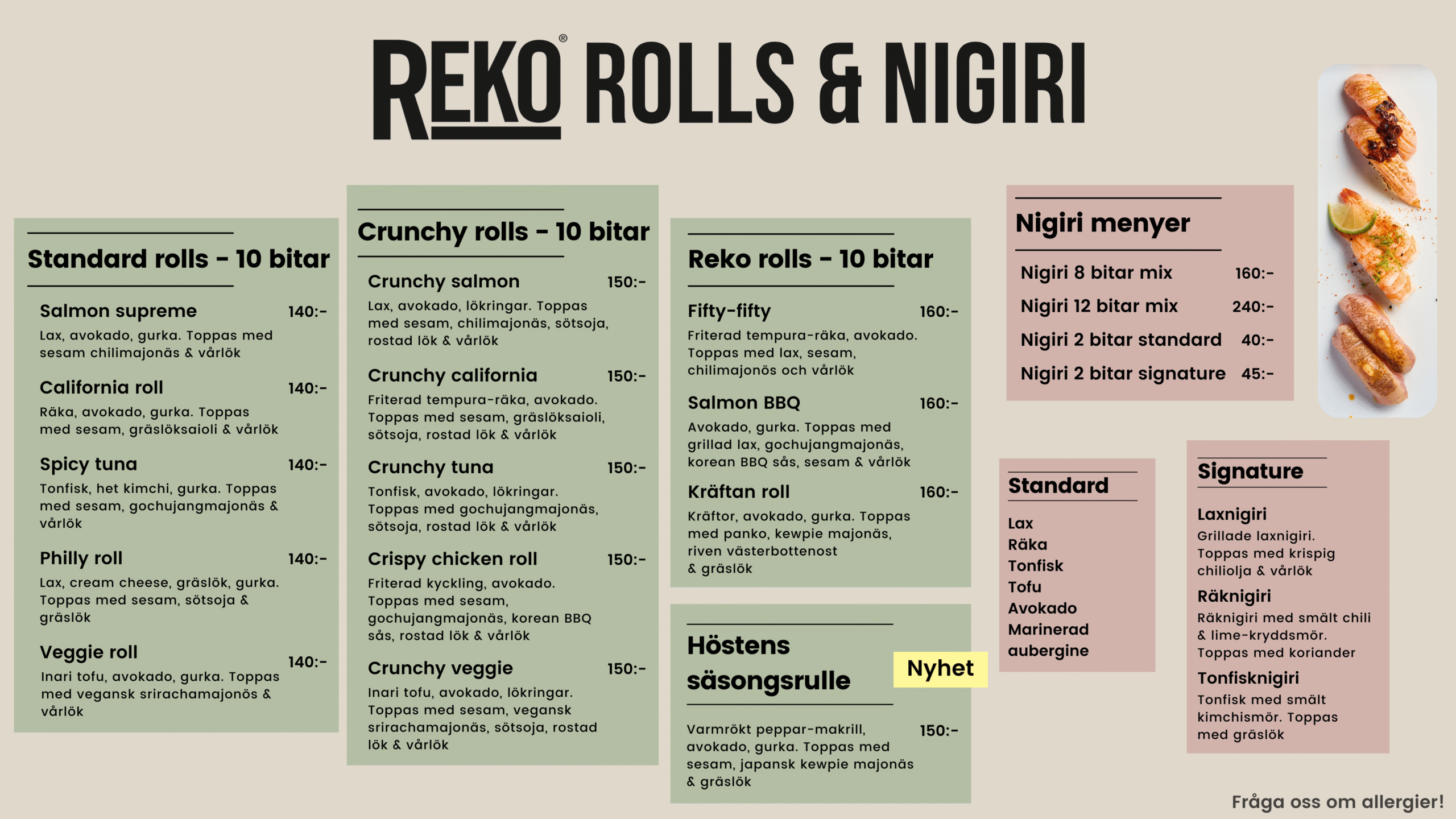 sushi meny nigiri meny reko meny